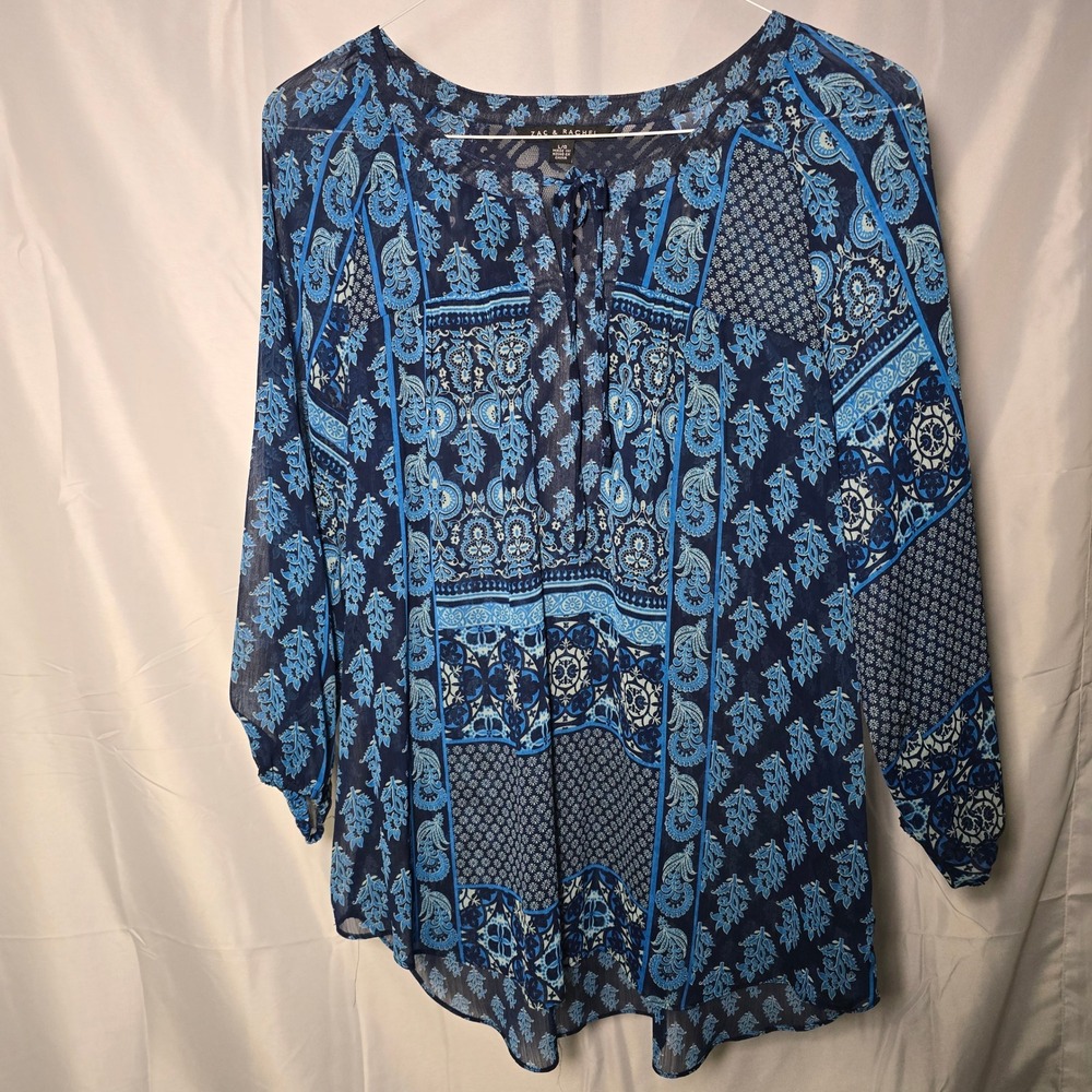Zac & Rachel Blue Patchwork Paisley Lace Back Tie Neck Blouse Womens L
